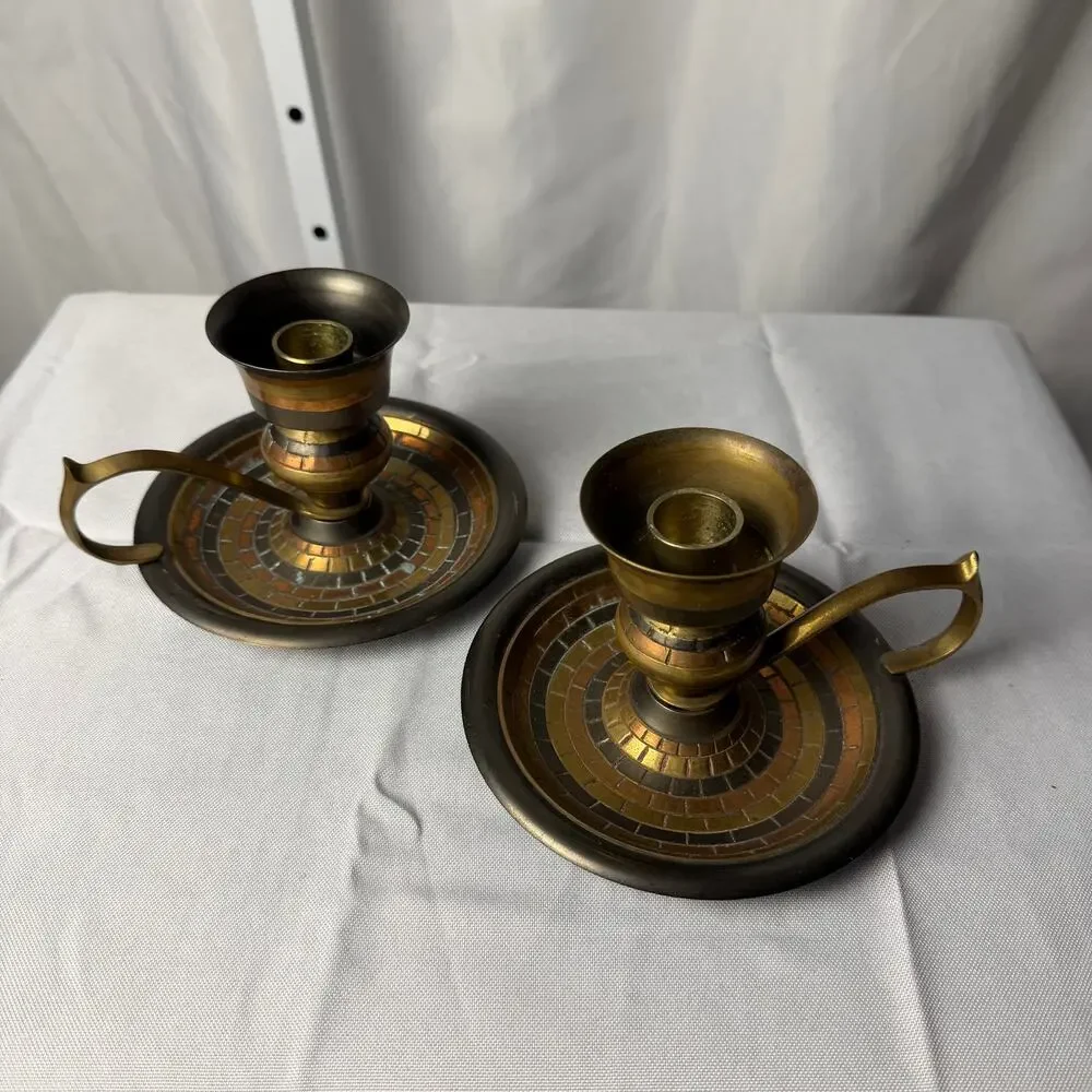 VTG Pair Brass Chamberstick Candle Holders Mosaic Inlay India Finger Loop Global